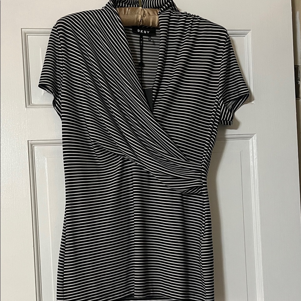 DKNY Black and White Striped Wrap-Front Short Sleeve Top